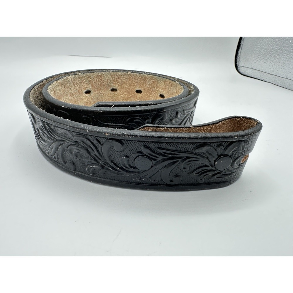 Vintage Tony Lama Western Tooled Leather Belt Black USA Made Size 24